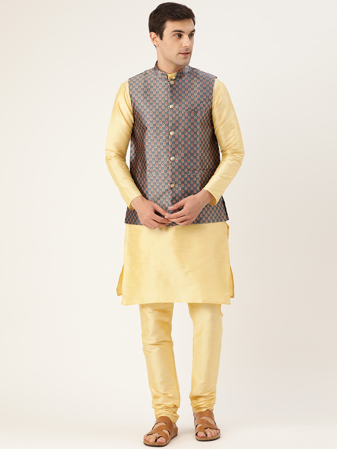 

SOJANYA Men Golden & Charcoal Grey Solid Kurta with Churidar & Nehru Jacket, Gold