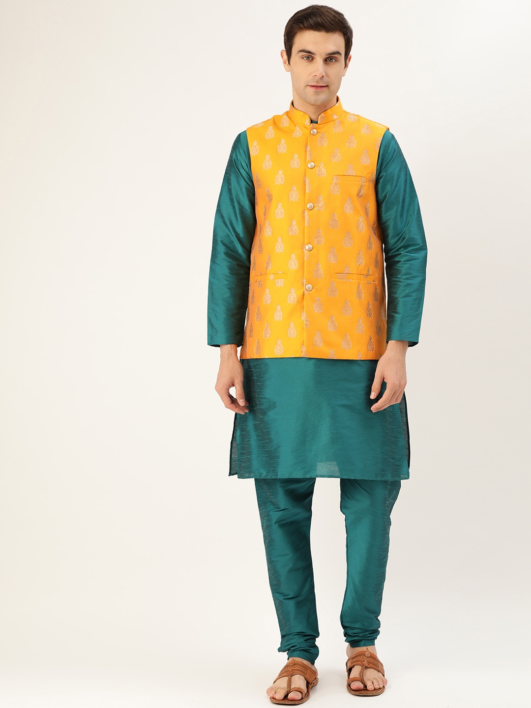 

SOJANYA Men Teal Blue & Mustard Yellow Solid Kurta with Churidar & Nehru Jacket