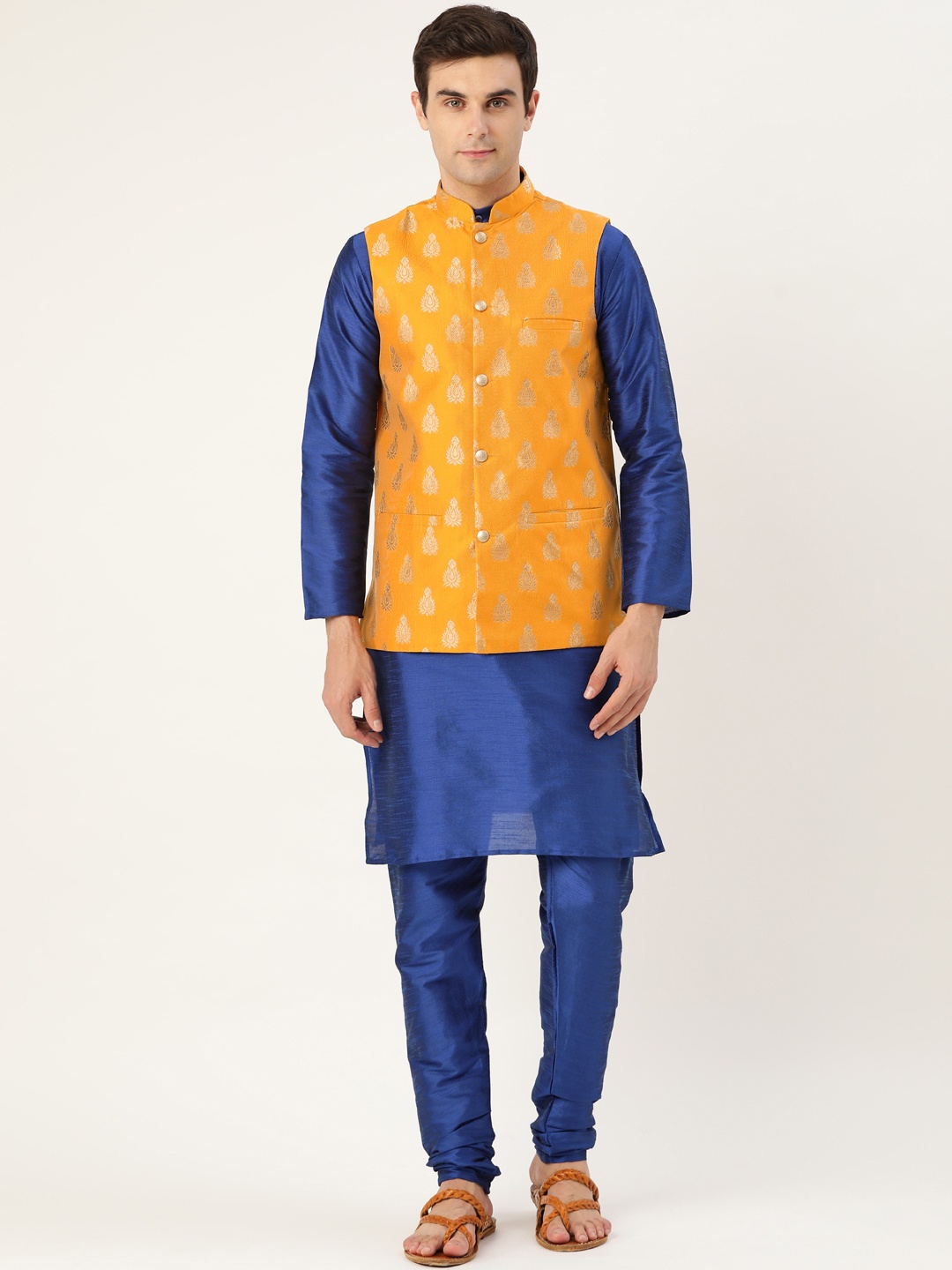 

SOJANYA Men Blue & Mustard Yellow Solid Kurta with Churidar & Nehru Jacket