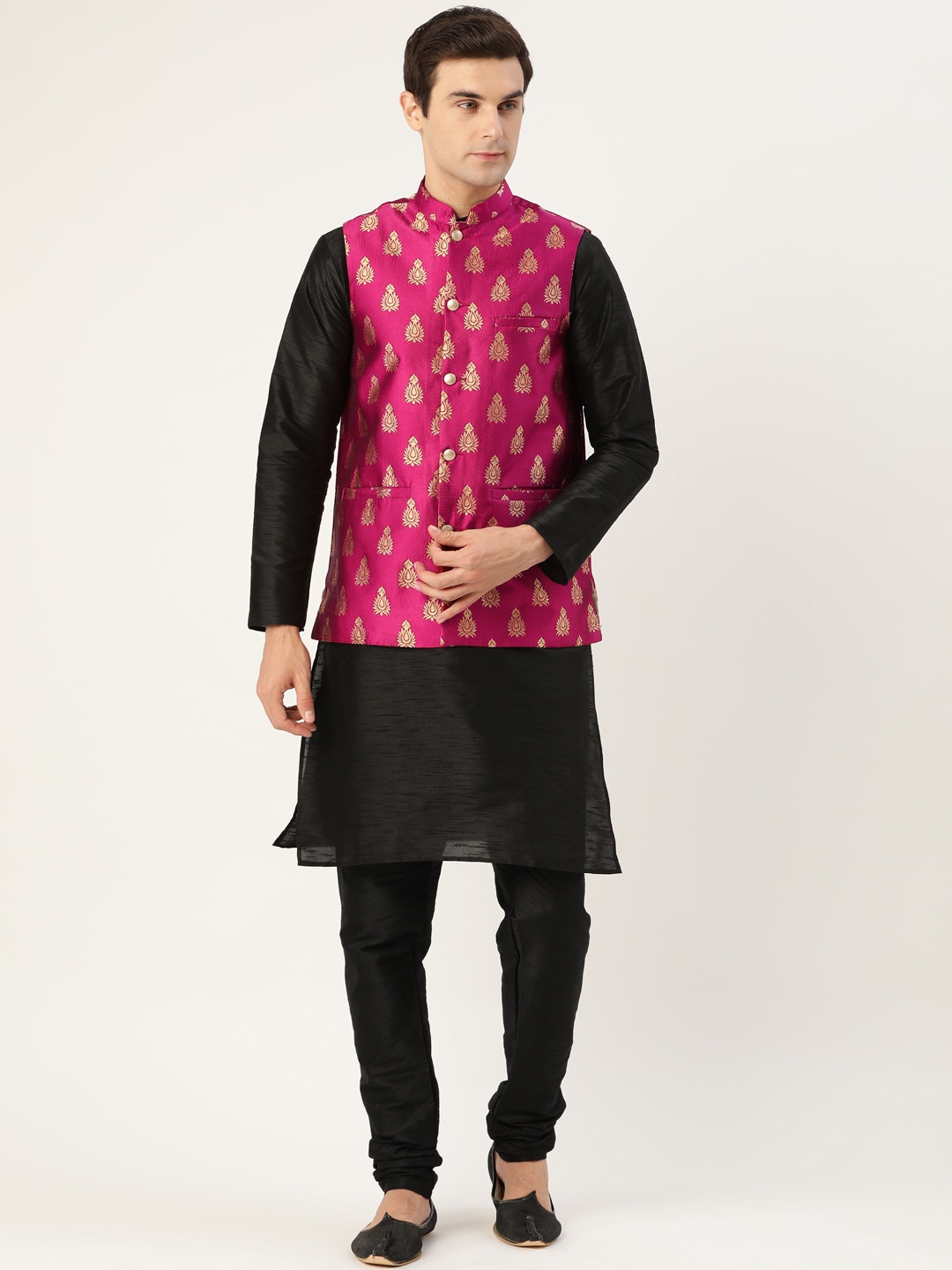 

SOJANYA Men Black & Magenta Solid Kurta with Churidar & Nehru Jacket
