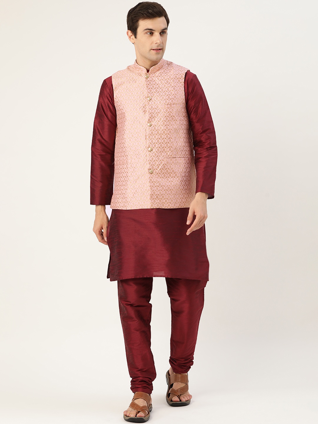 

SOJANYA Men Maroon & Pink Kurta & Churidar with Woven Design Nehru Jacket