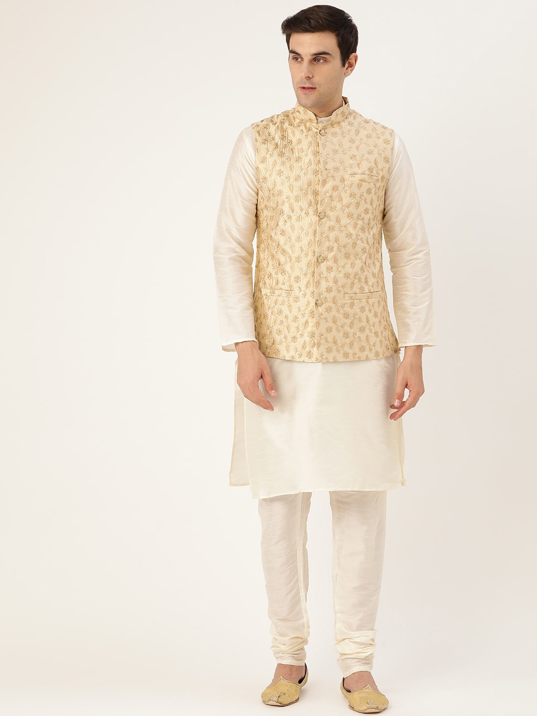 

SOJANYA Men Off-White & Beige Solid Kurta with Churidar & Nehru Jacket