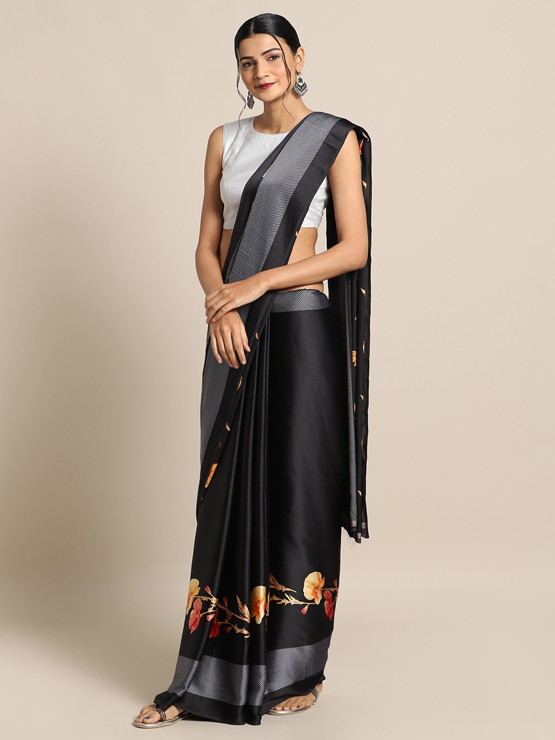 

Satrani Black Floral Printed Pure Crepe Saree