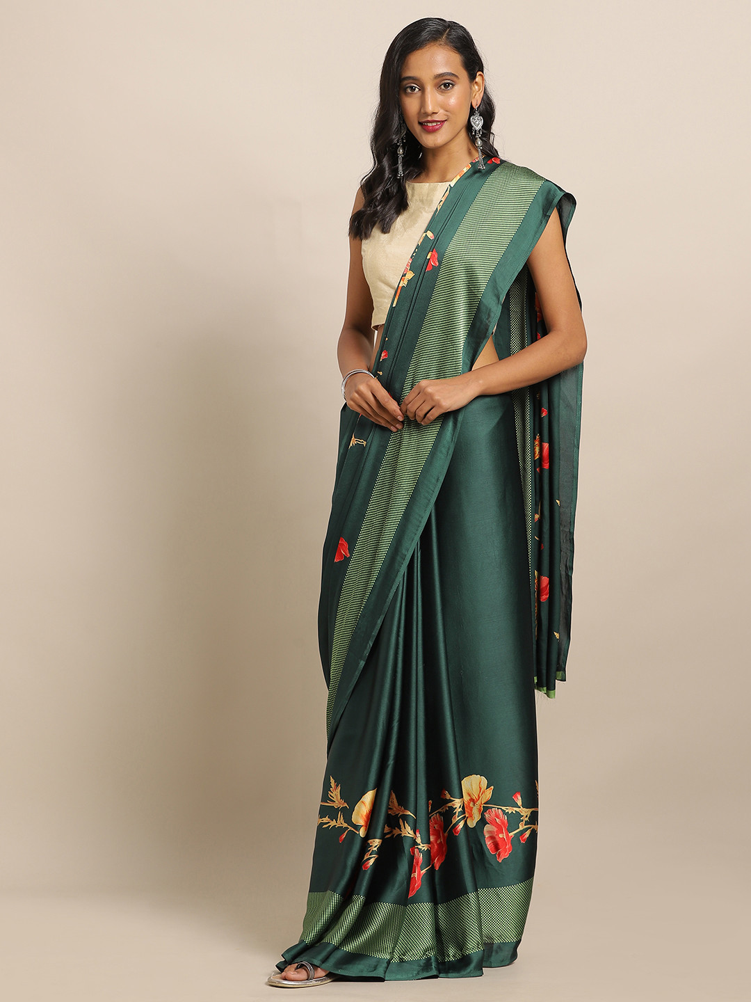 

Satrani Teal Green & Red Pure Crepe Floral Printed Saree