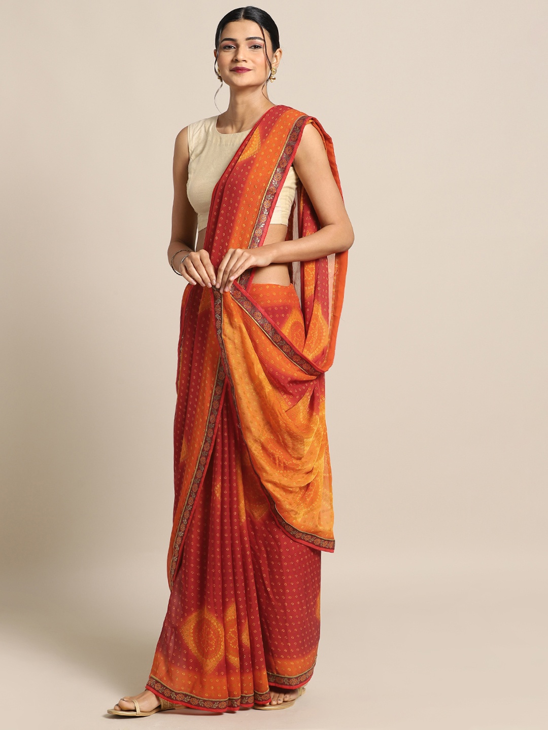 

Satrani Red & Mustard Yellow Poly Chiffon Printed Bandhani Saree