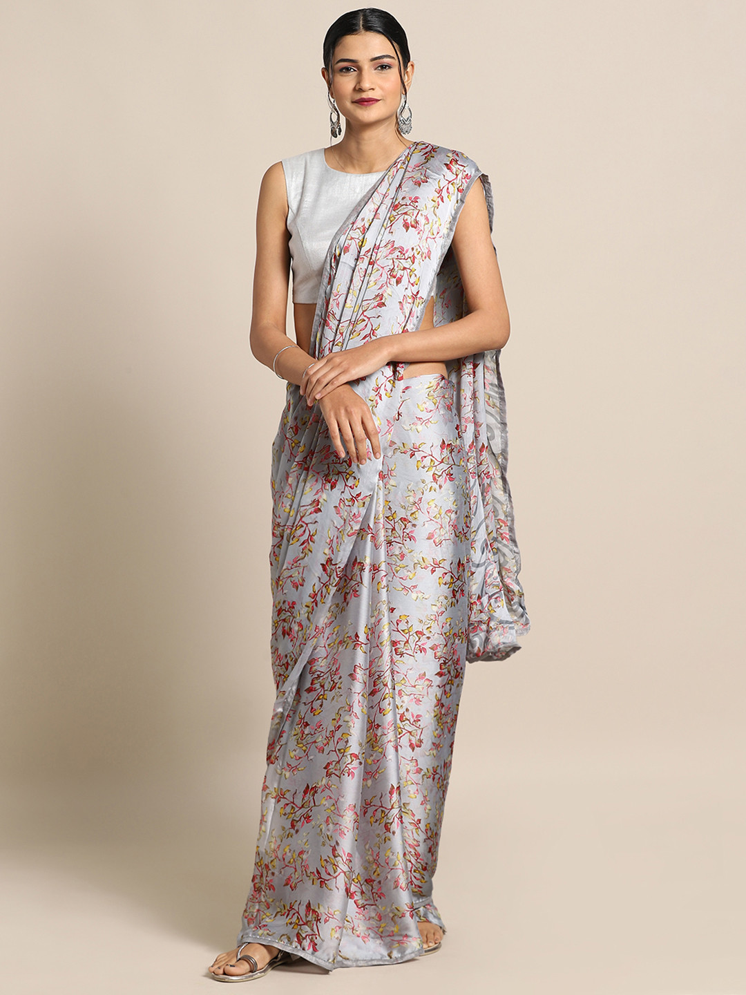 

Satrani Grey & Pink Pure Chiffon Floral Printed Saree