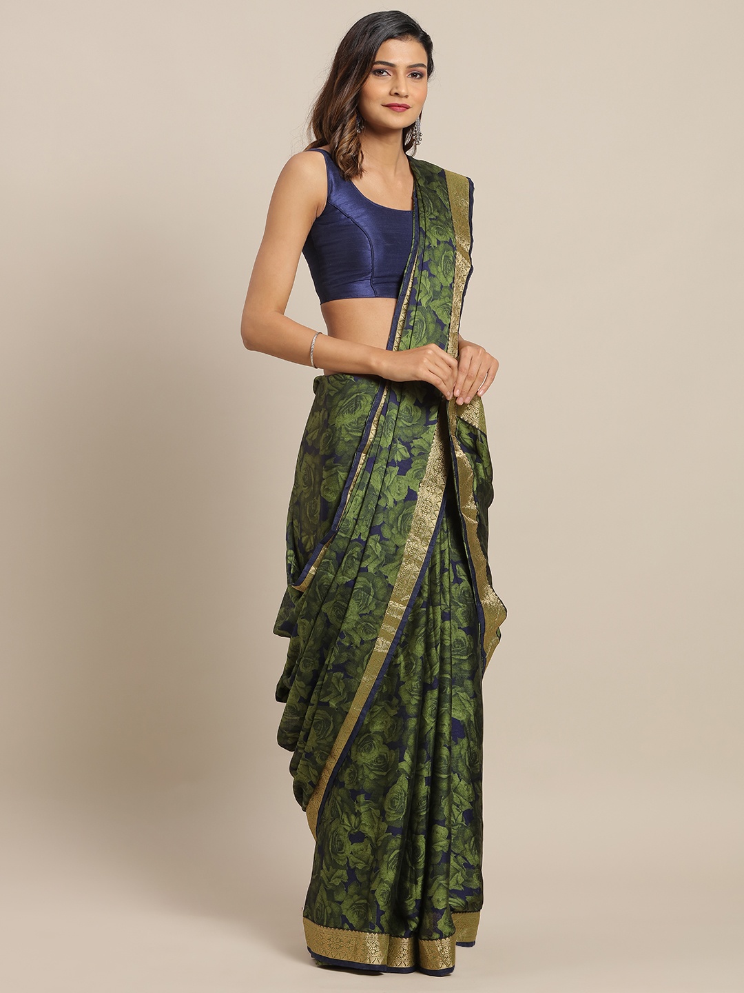 

Satrani Olive Green & Gold-Toned Pure Chiffon Printed Saree