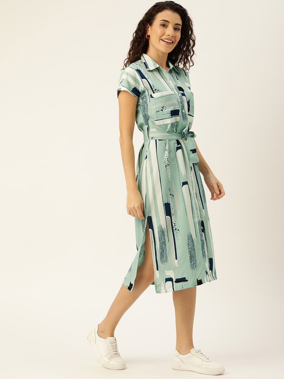 

Campus Sutra Mint Green & White Printed Shirt Dress with Side Slits