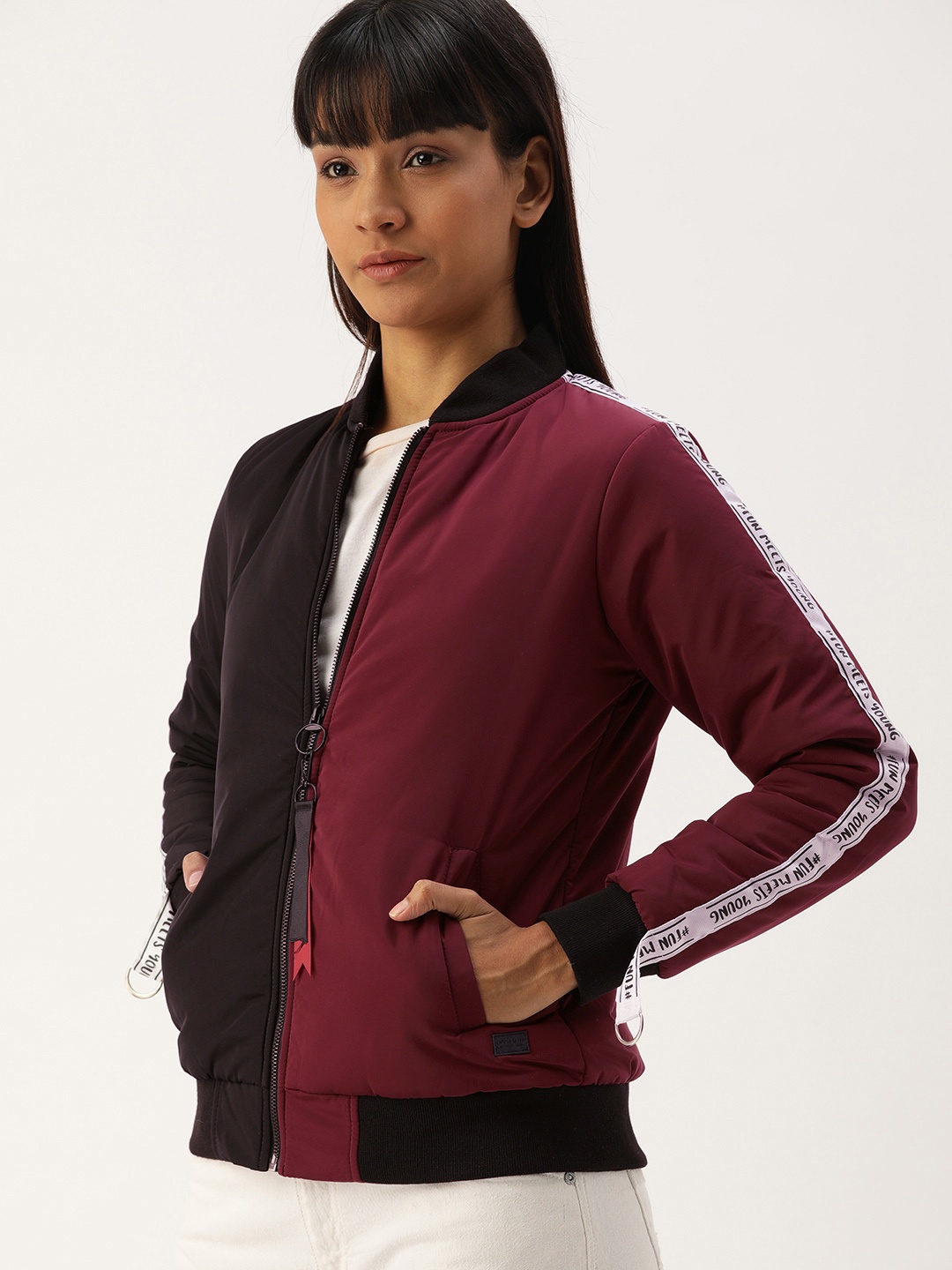 

Campus Sutra Women Black & Maroon Colourblocked Windcheater Bomber Jacket with Side Taping