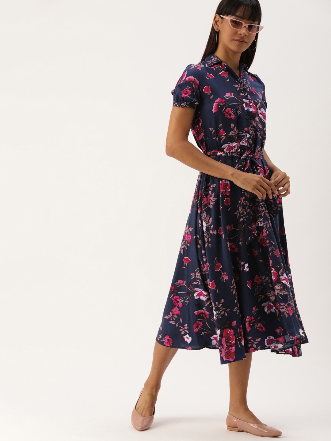 

Campus Sutra Women Navy Blue Self Design Fit and Flare Dress