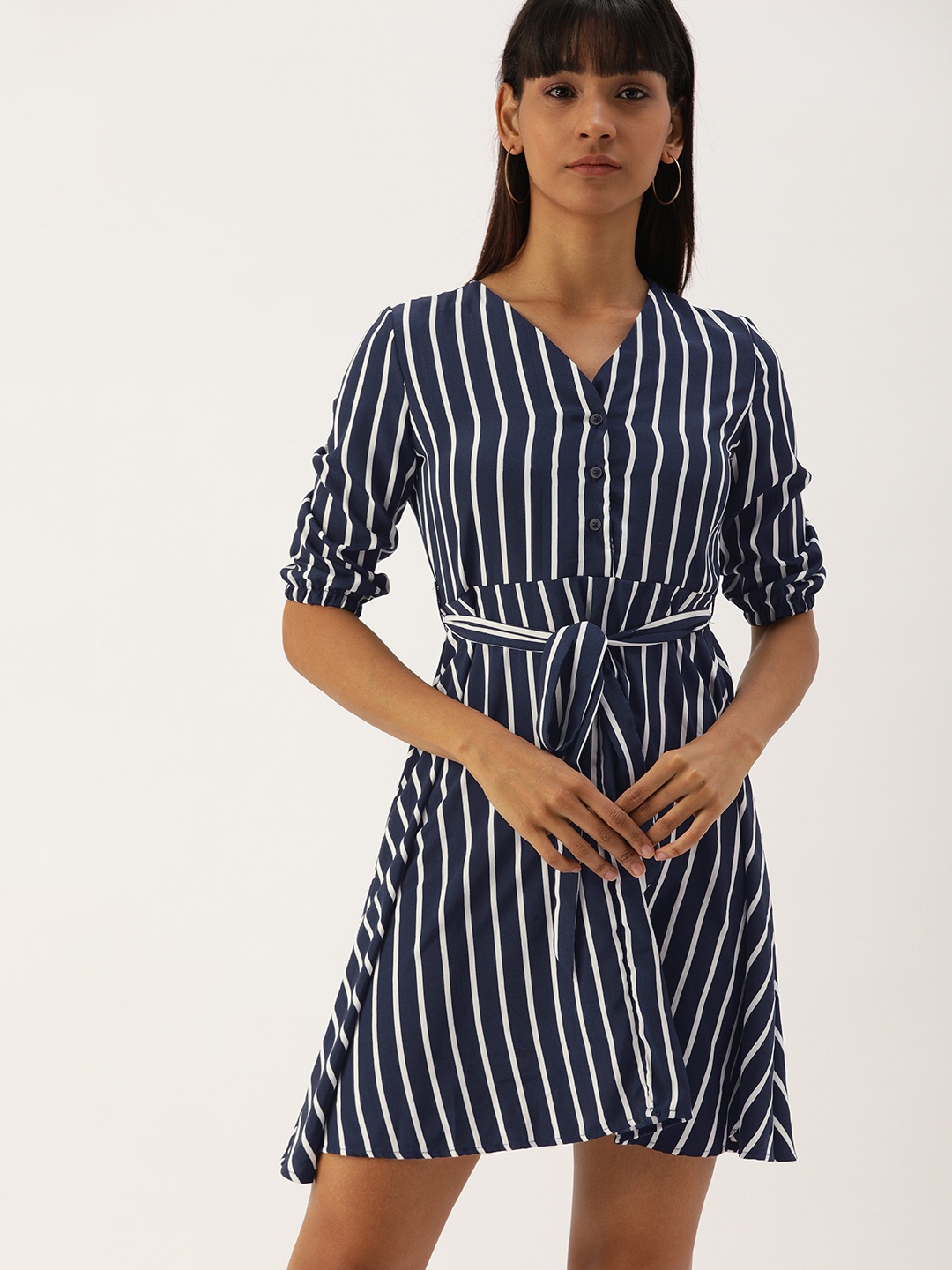 

Campus Sutra Women Navy Blue Striped Fit and Flare Dress