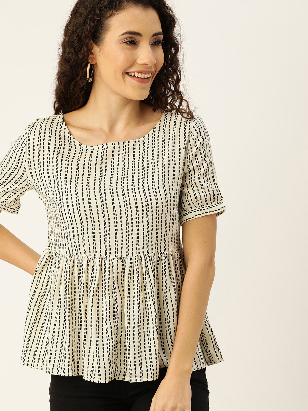 

Campus Sutra Women Off-White & Black Printed A-Line Top with Gathered Detail