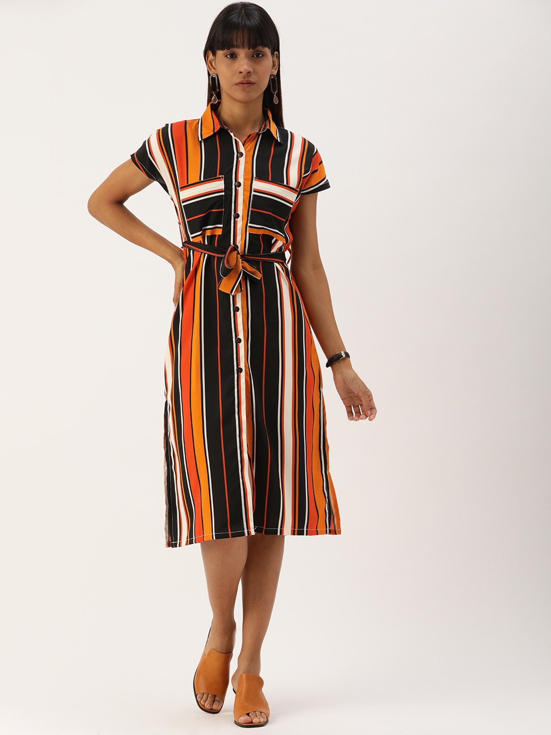 

Campus Sutra Women Black Striped Fit and Flare Dress