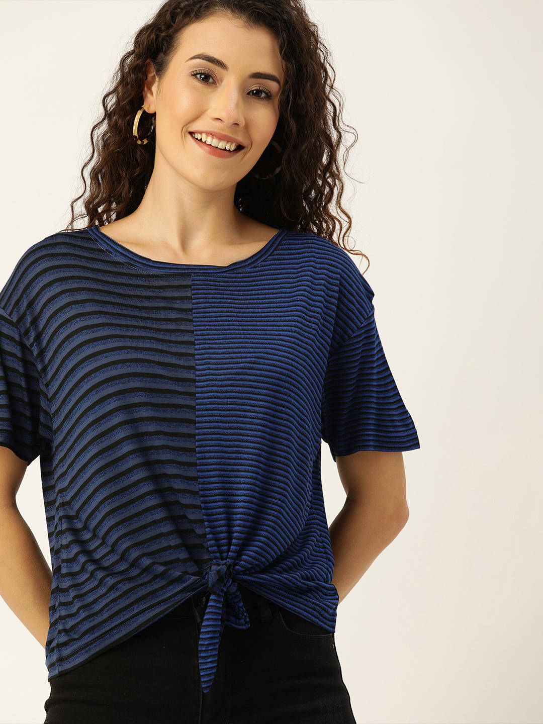 

Campus Sutra Women Blue & Black Striped Regular Top with Waist Tie-Up Detail
