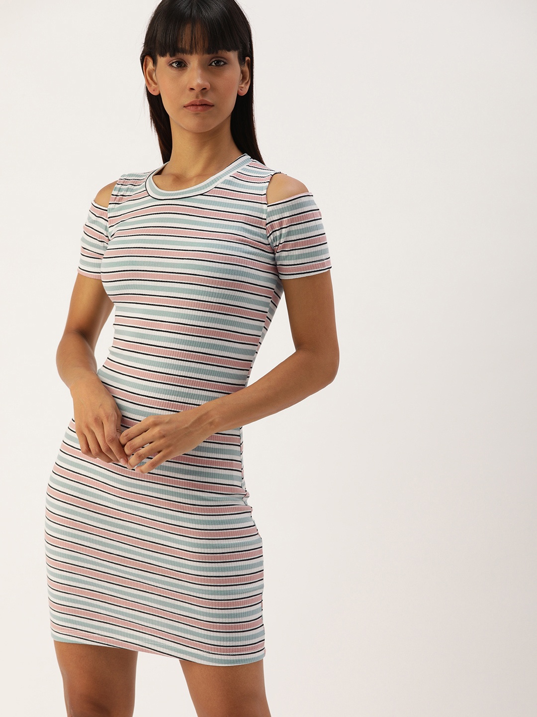 

Campus Sutra Women White Striped Bodycon Dress