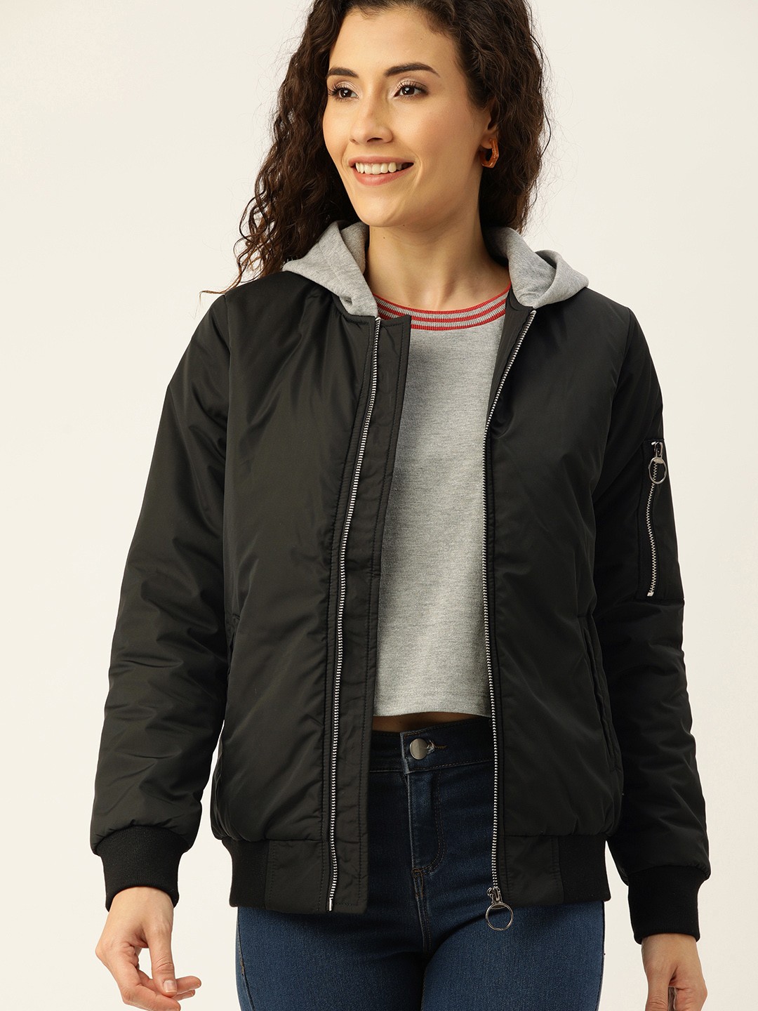 

Campus Sutra Women Black Solid Windcheater Hooded Bomber Jacket