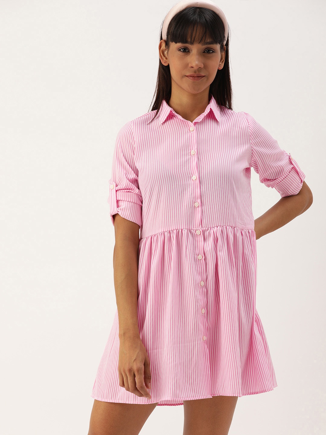 

Campus Sutra Women Pink Striped Fit and Flare Dress