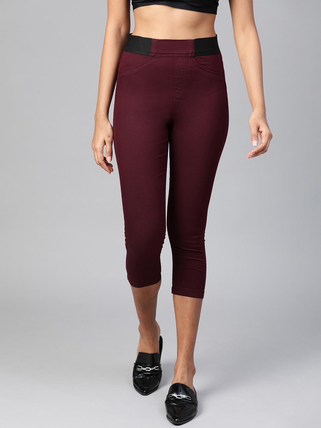 

Marks & Spencer Women Aubergine Skinny Fit Solid Three-Fourth Treggings, Purple