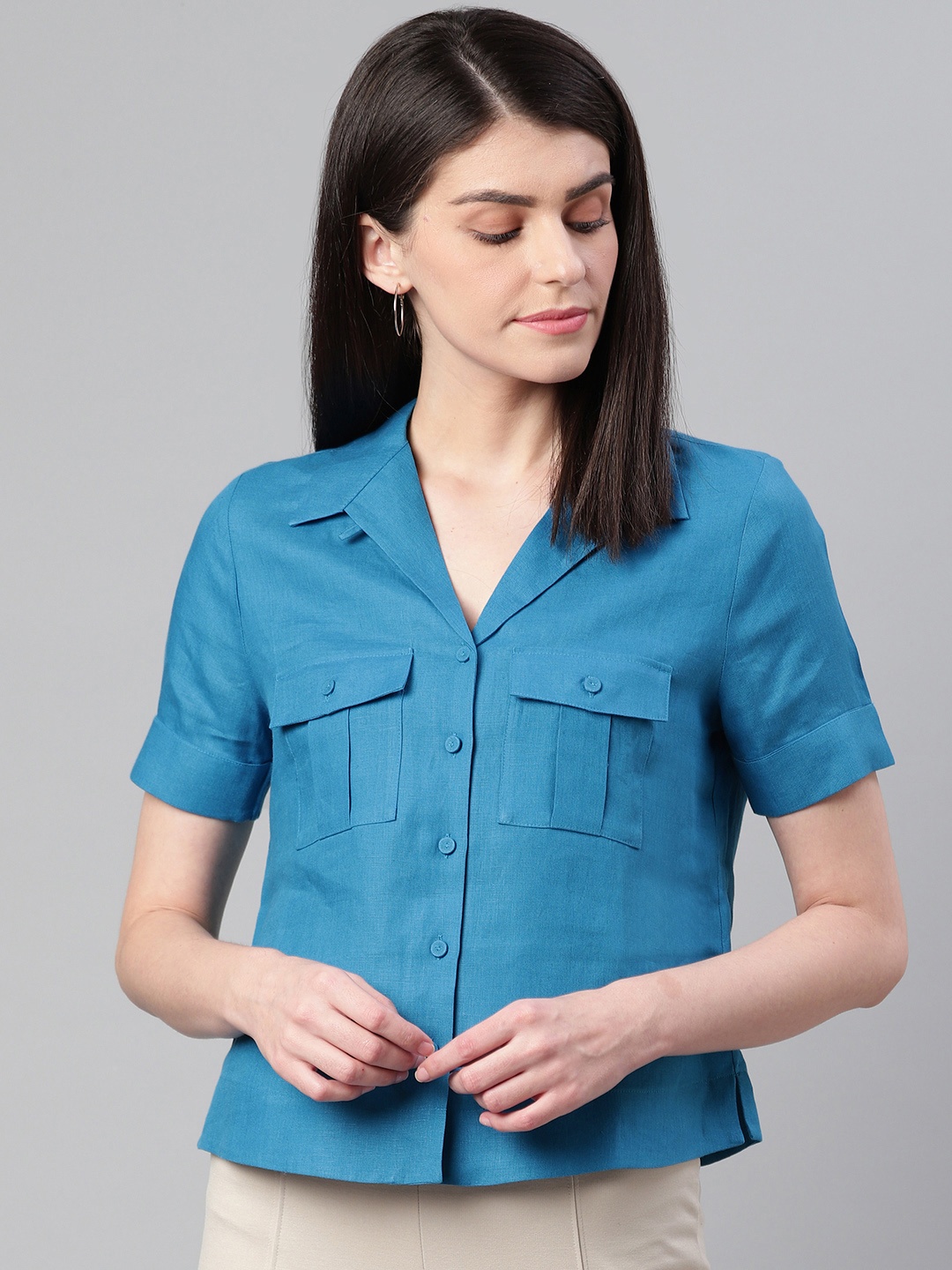 

Marks & Spencer Women Blue Regular Fit Solid Linen Casual Shirt