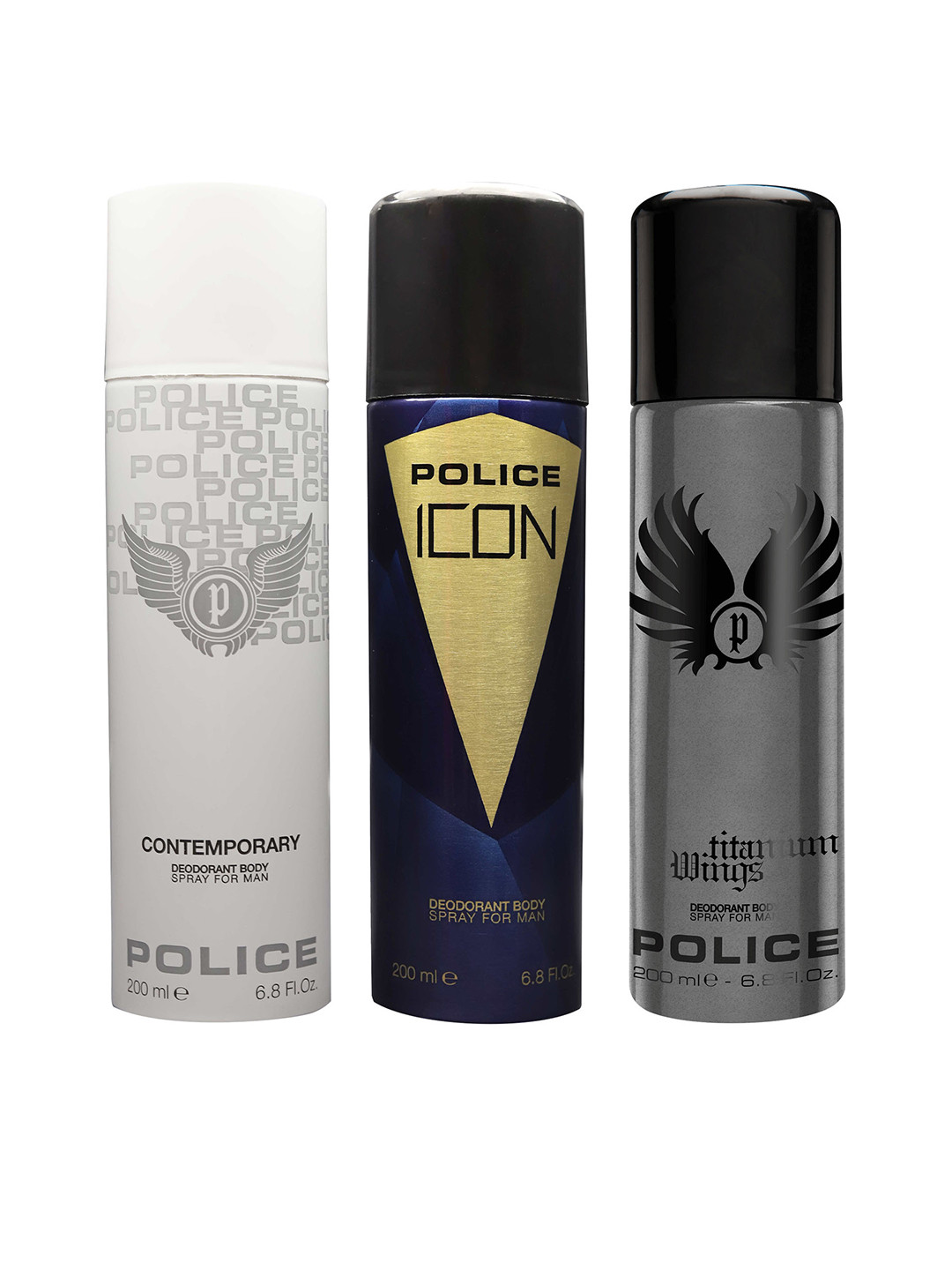 

Police Men Pack of 3 Contemporary + Icon + Titanium Wings Deodorant Sprays - 600ml, Blue