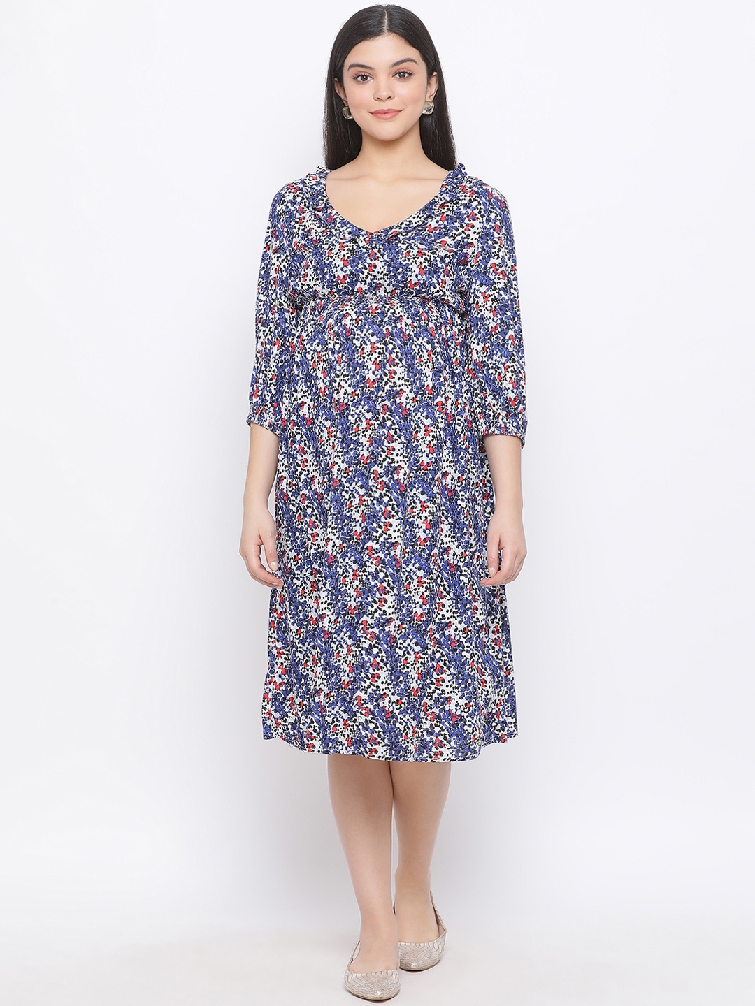 

Oxolloxo Women Blue & Off-White Printed A-Line Maternity Dress