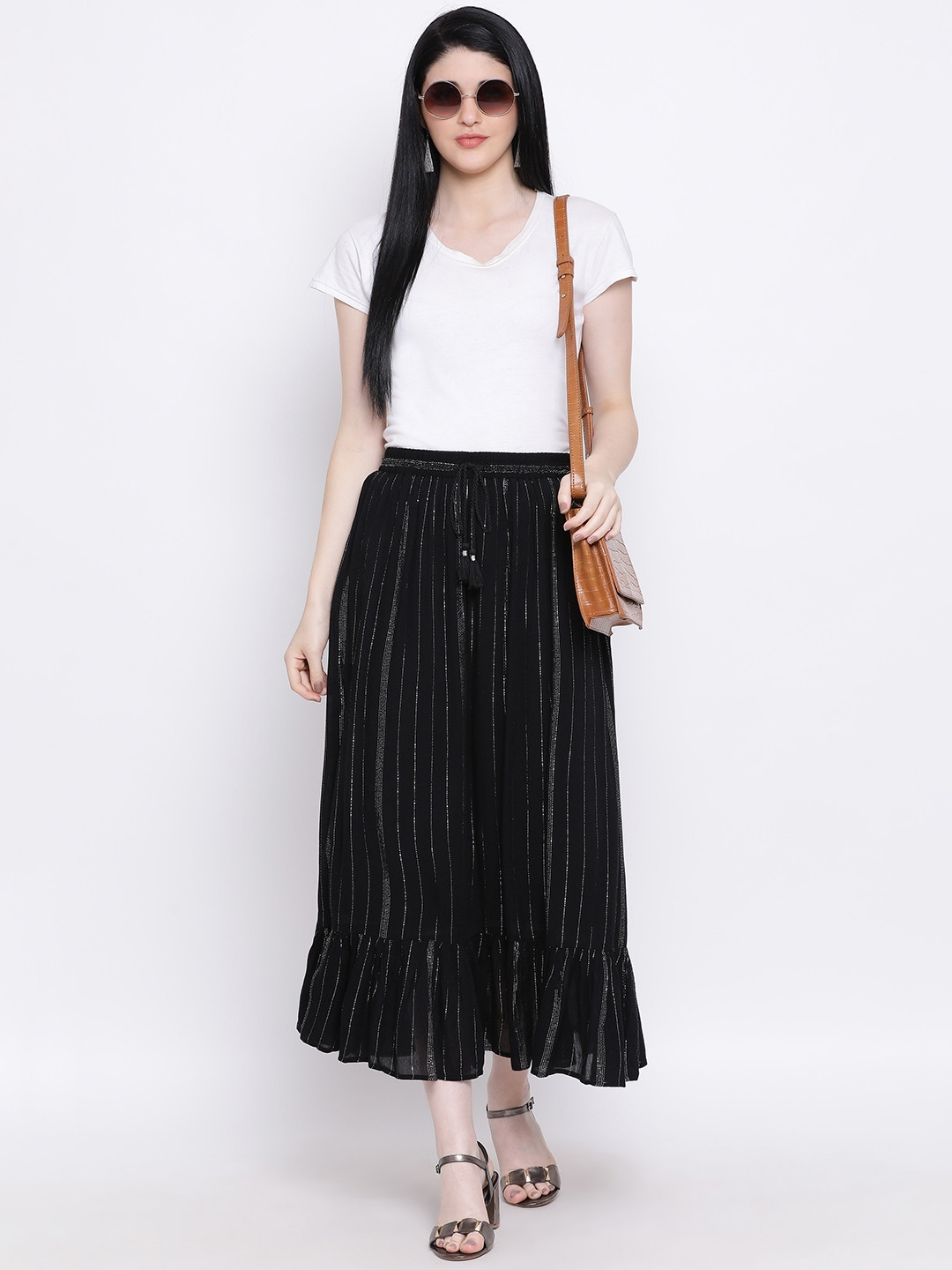 

Oxolloxo Women Black & Silver-Coloured Striped Shimmer Crinkle A-Line Maxi Skirt