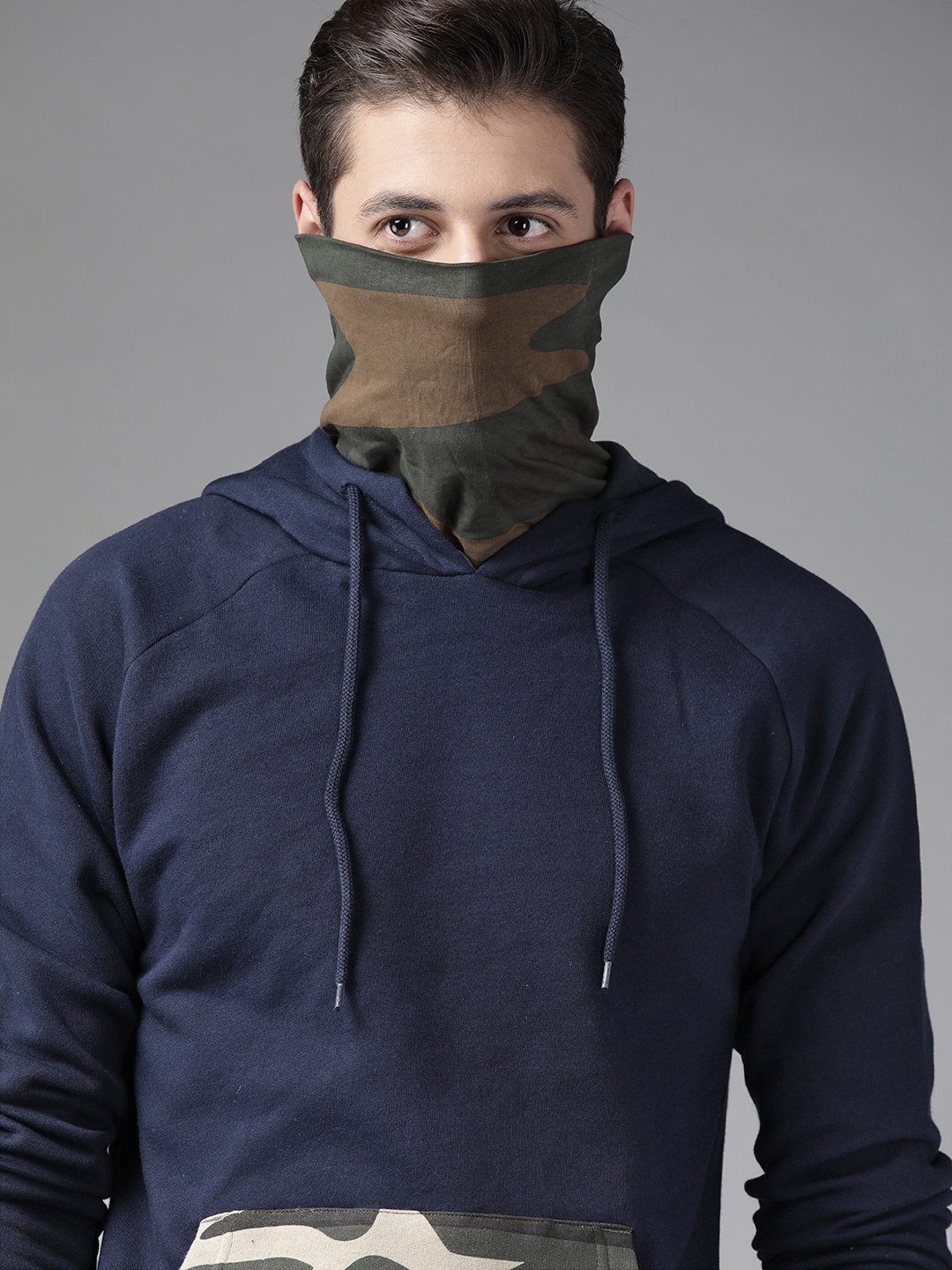 

Roadster Men Navy Blue Printed Hooded Sweatshirt With Built-In Mask