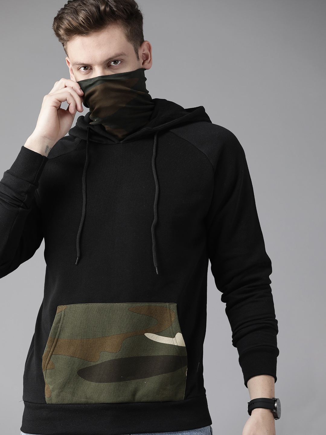 

Roadster Men Black Pure Cotton Printed Hooded Sweatshirt With Built-In Mask