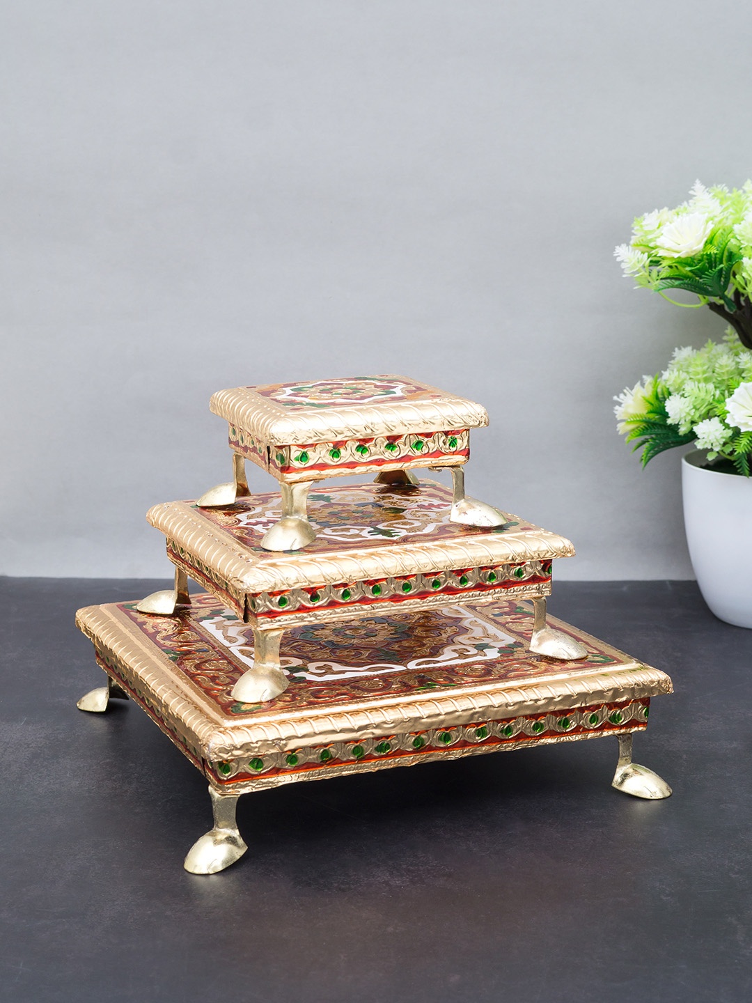 

Golden Peacock Set of 3 Gold-toned & Red Minakari Design Handcrafted Wooden Chowki
