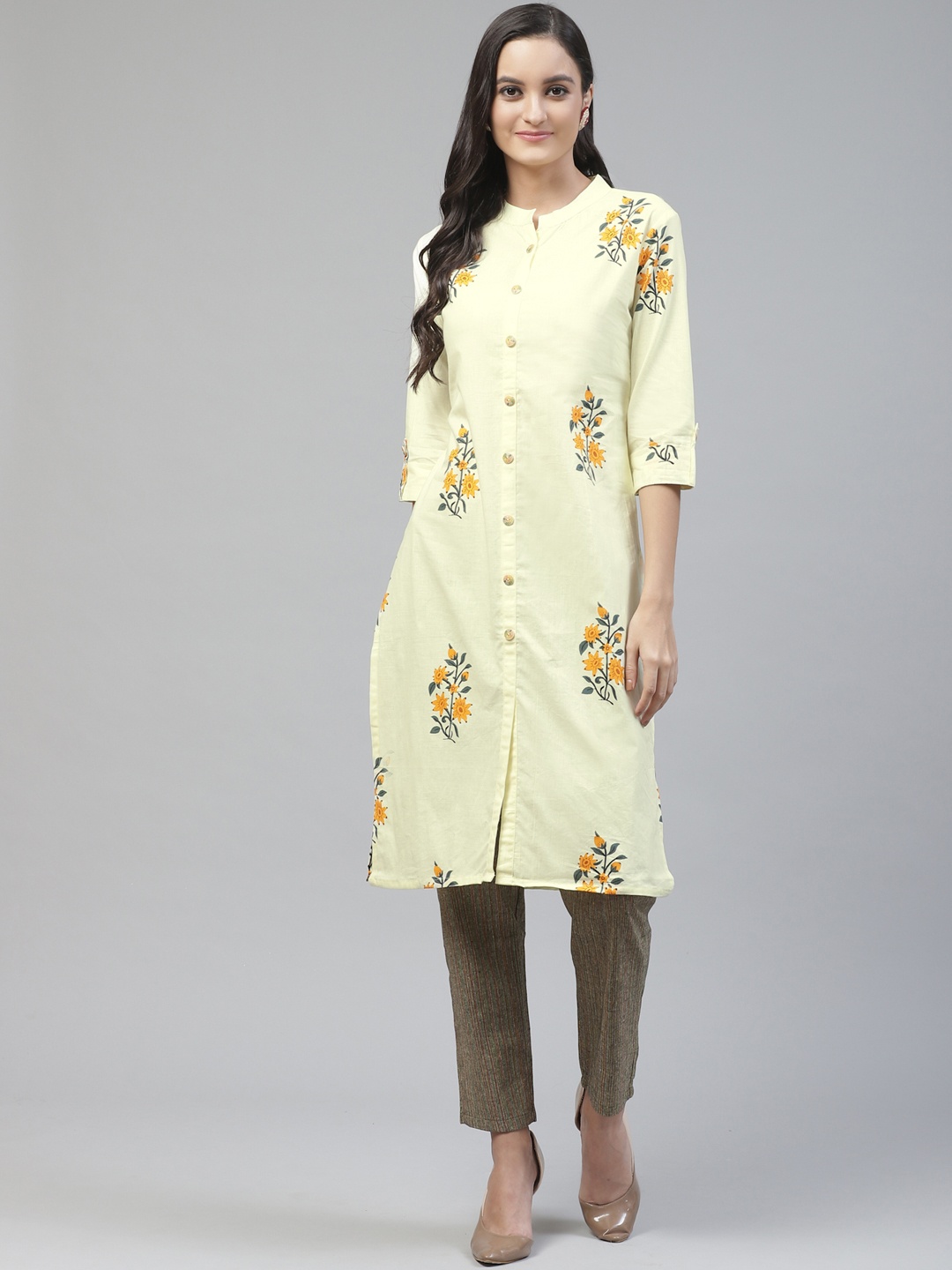 

Fabriko Women Yellow & Brown Floral Print Kurta with Trousers