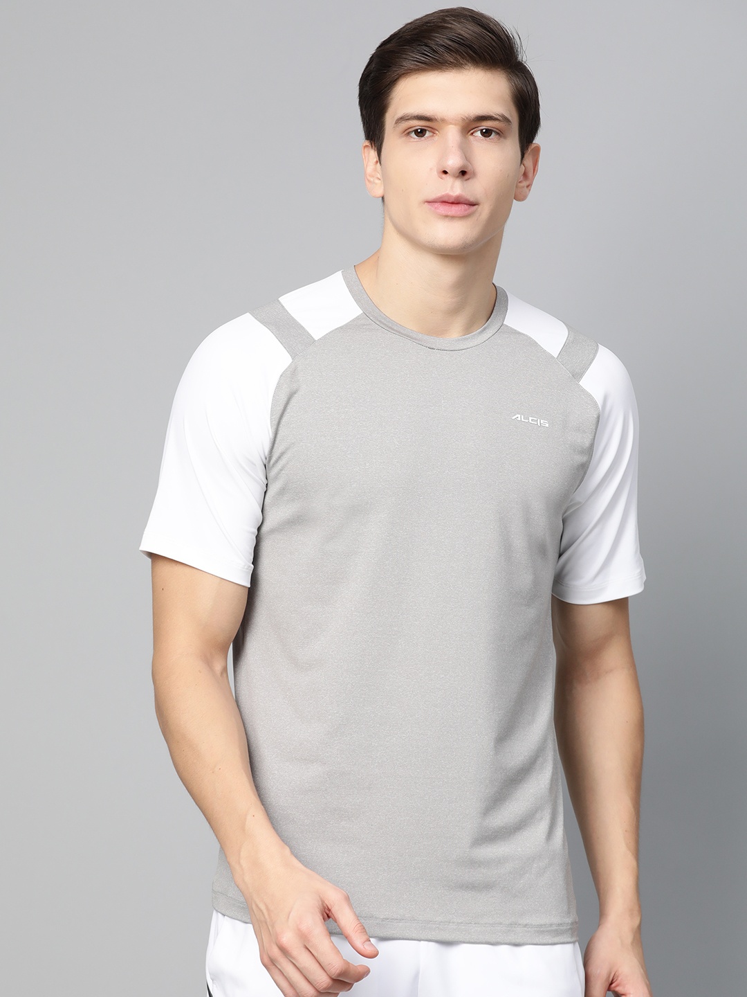 

Alcis Men Grey Melange & White Printed Back Round Neck T-shirt