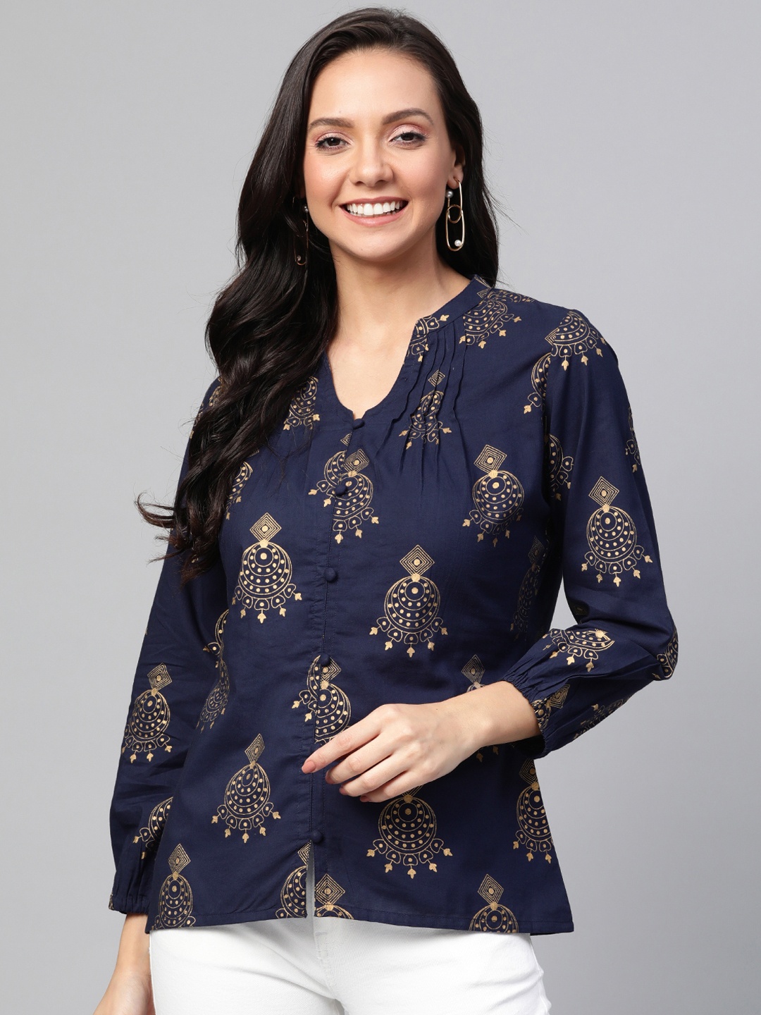 

HERE&NOW Women Navy Blue & Golden Quriky Print Pintucks Detail Pure Cotton Top