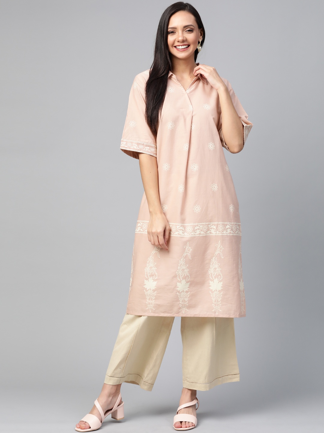 

HERE&NOW Women Dusty Pink & Off-White Floral Printed Straight Kurta