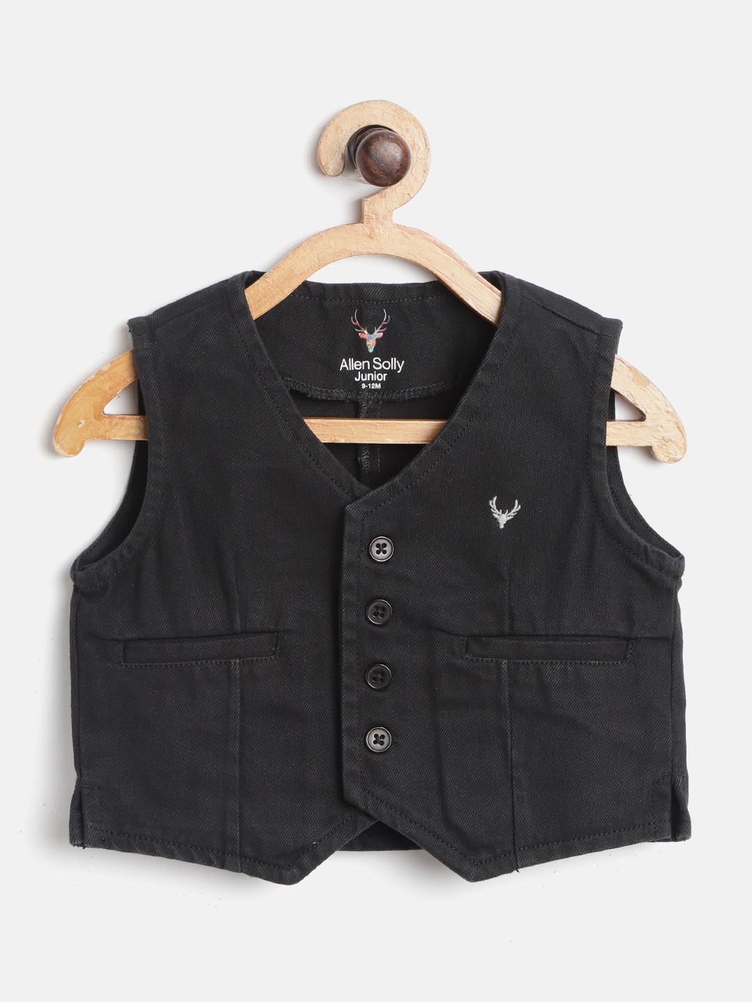 

Allen Solly Junior Boys Black Solid Denim Pure Cotton Waistcoat