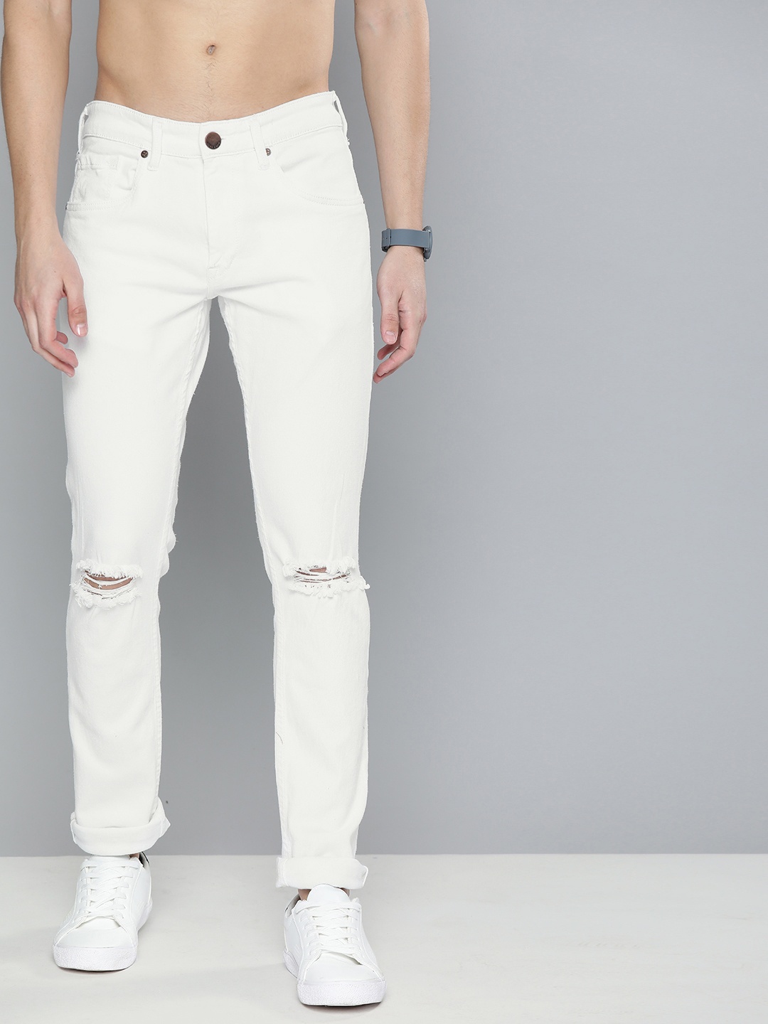 

HERE&NOW Men White Skinny Fit Mid-Rise Slash Knee Stretchable Jeans
