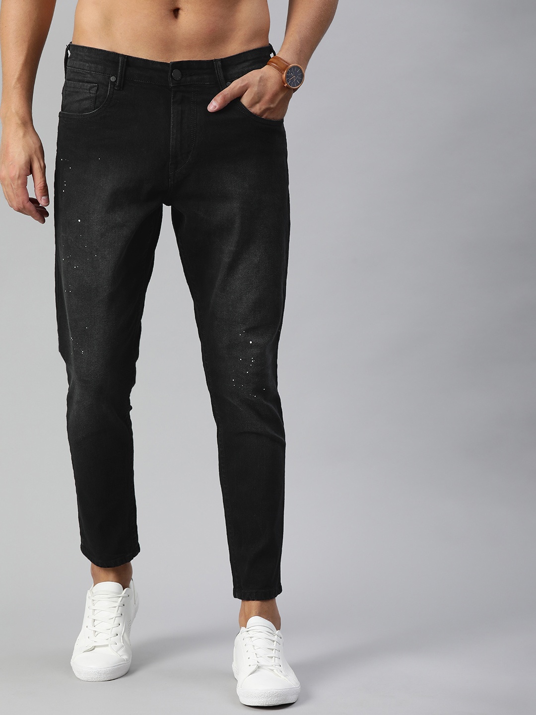 

HERE&NOW Men Black Slim Tapered Mid-Rise Clean Look Cropped Jeans with Splattered Paint