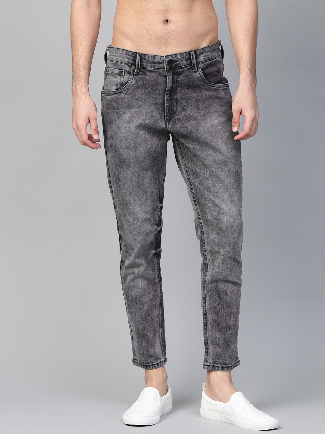 

HERE&NOW Men Charcoal Grey Slim Fit Mid-Rise Clean Look Cropped Stretchable Jeans