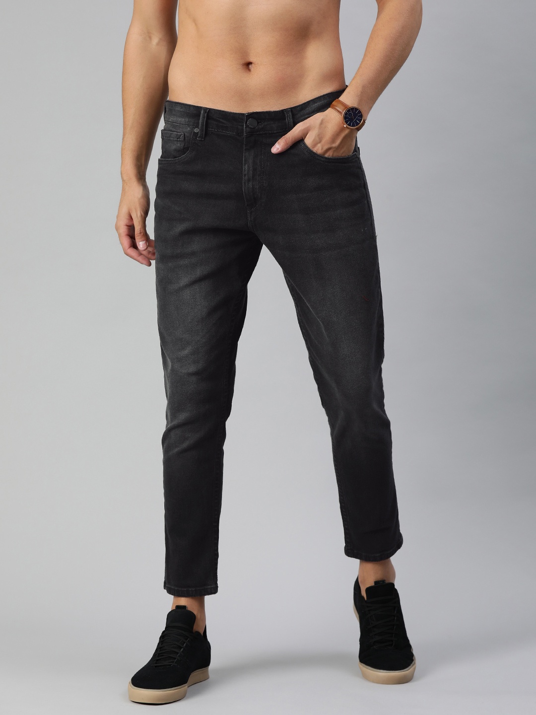 

HERE&NOW Men Black Slim Tapered Fit Mid-Rise Clean Look Stretchable Cropped Jeans