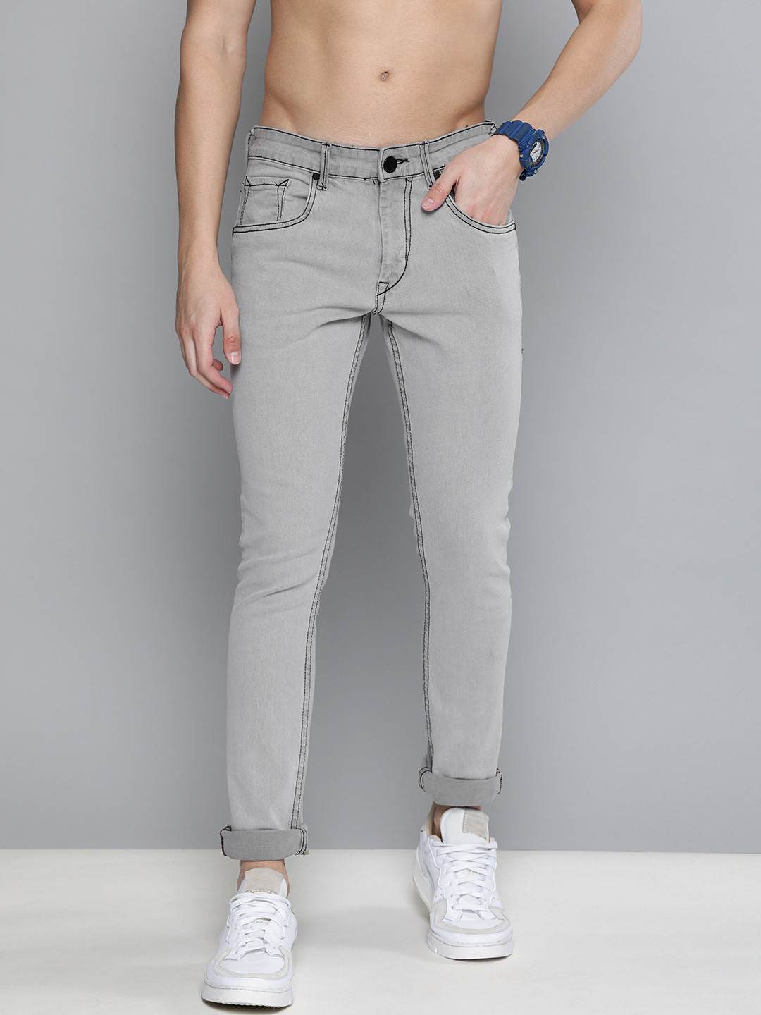 

HERE&NOW Men Grey Skinny Fit Mid-Rise Clean Look Stretchable Jeans