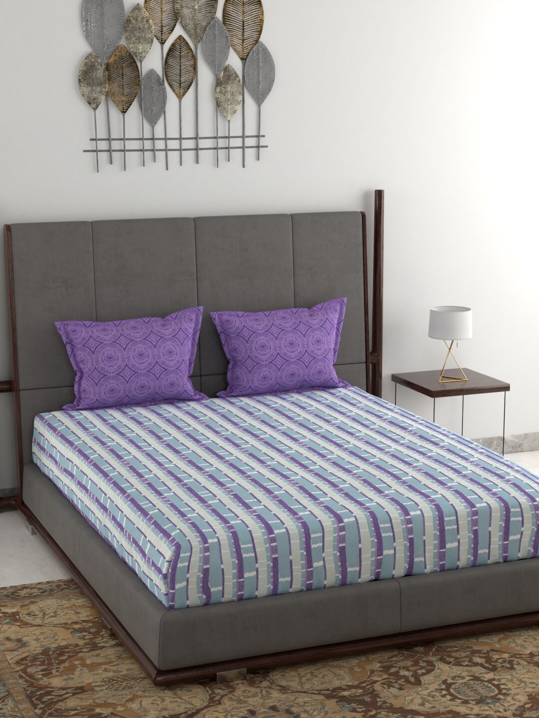 

MYTRIDENT Purple Striped 120 TC Cotton 1 Queen Bedsheet with 2 Pillow Covers