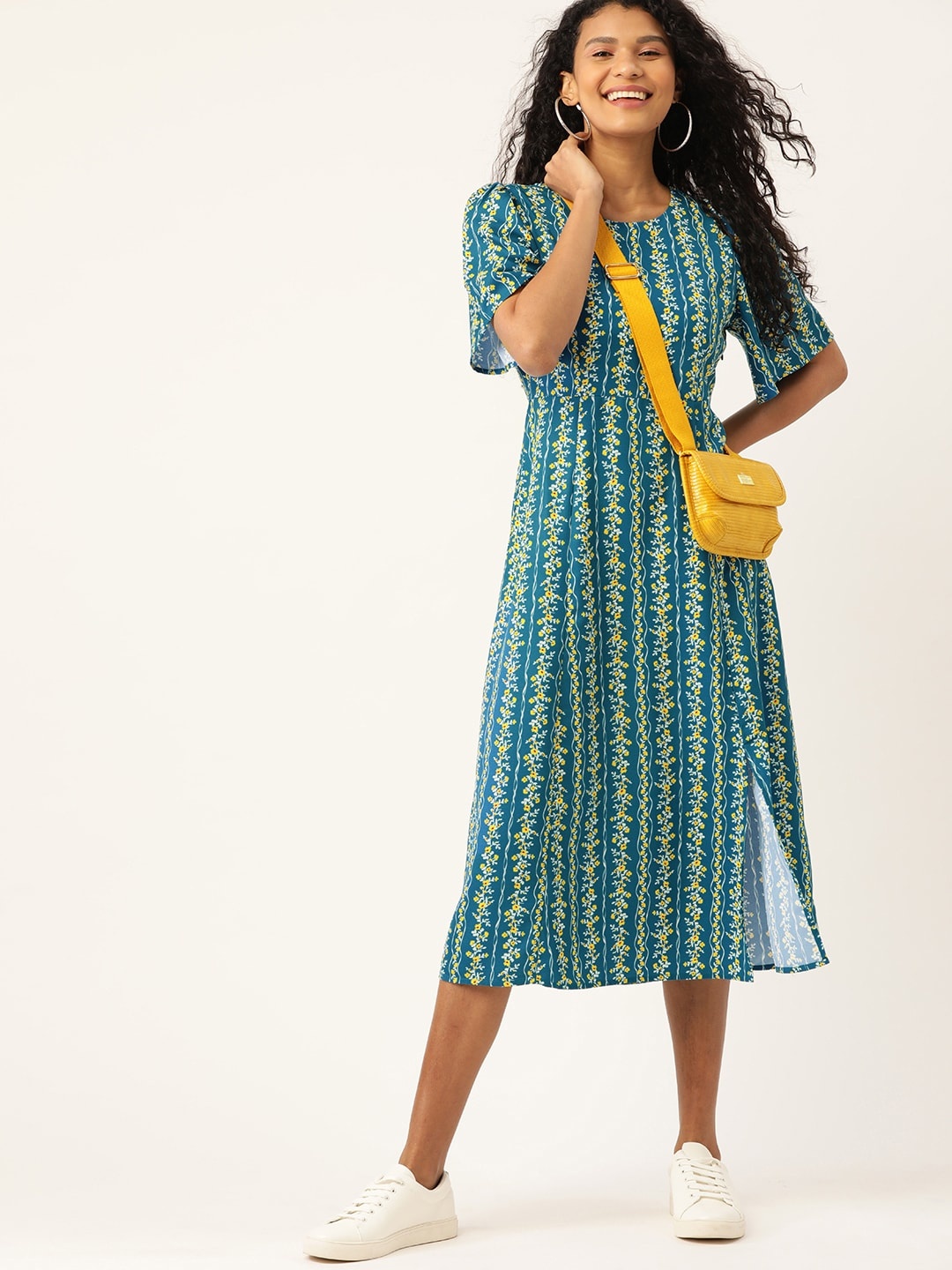 

DressBerry Teal Blue & Yellow Floral Print A-Line Dress