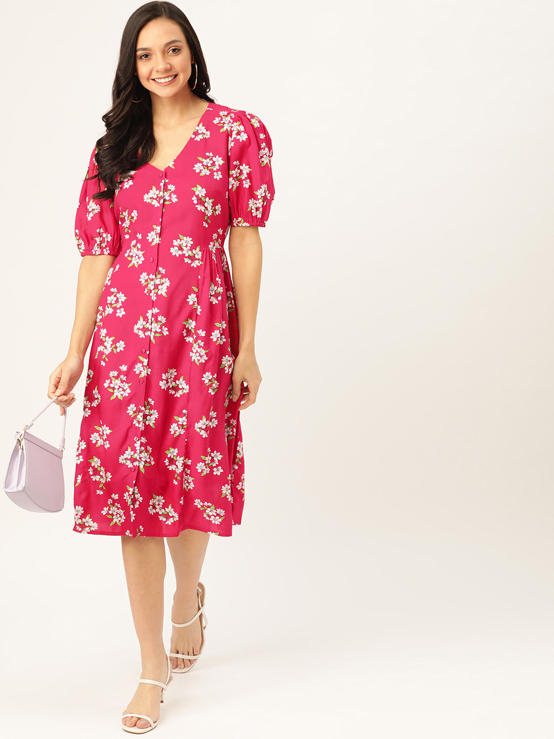 

DressBerry Women & White Pink Floral Print A-Line Dress