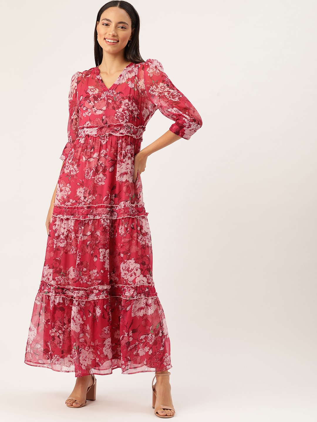 

DressBerry Women Pink Floral Print Tiered Maxi Dress