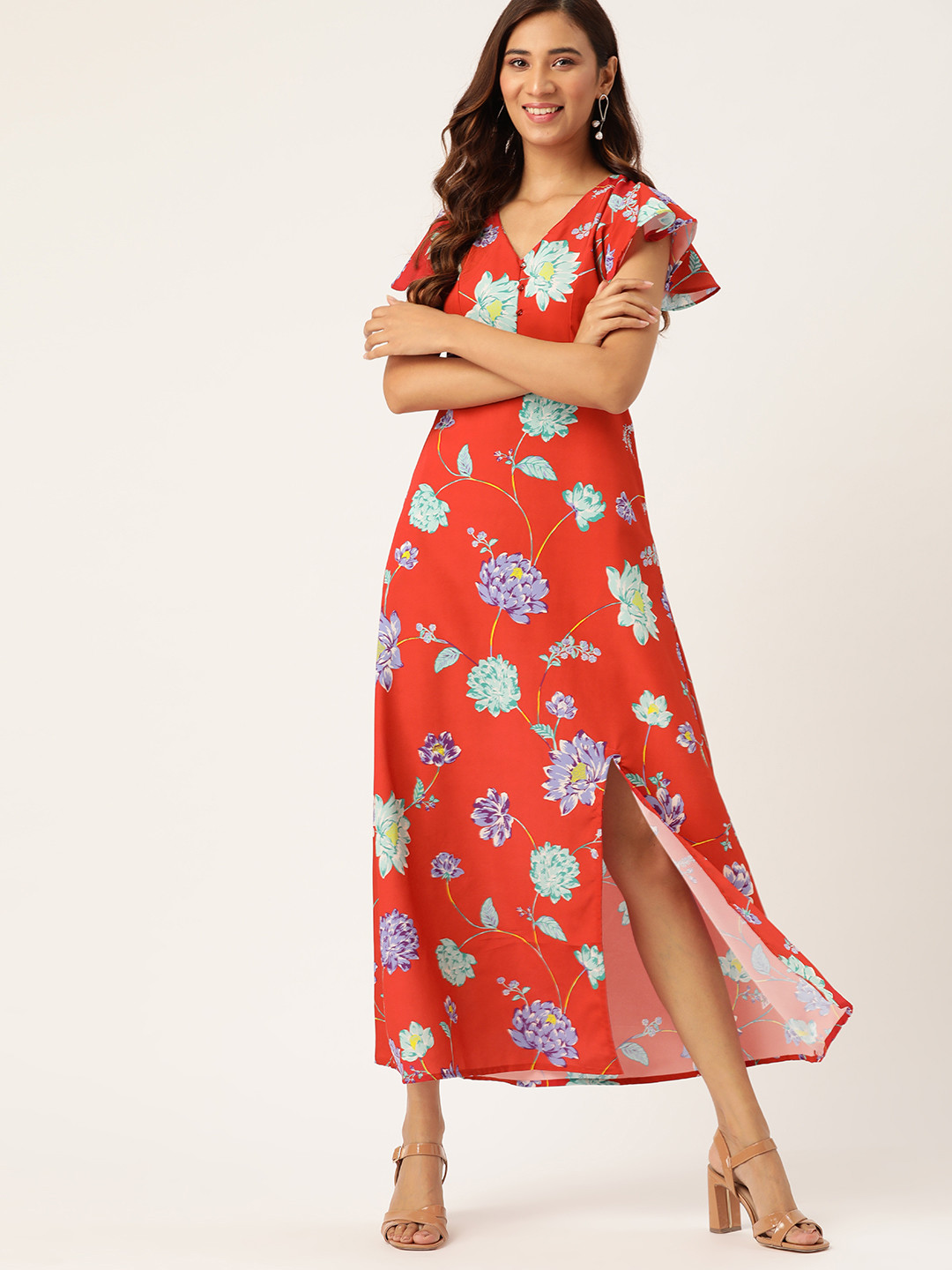 

DressBerry Women Red & Sea Green Floral Printed Front Slit Maxi Dress