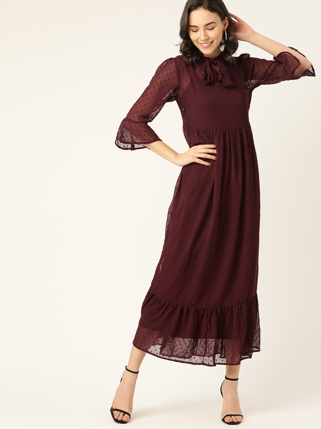 

DressBerry Women Burgundy Self Design Dobby Weave Maxi Dress