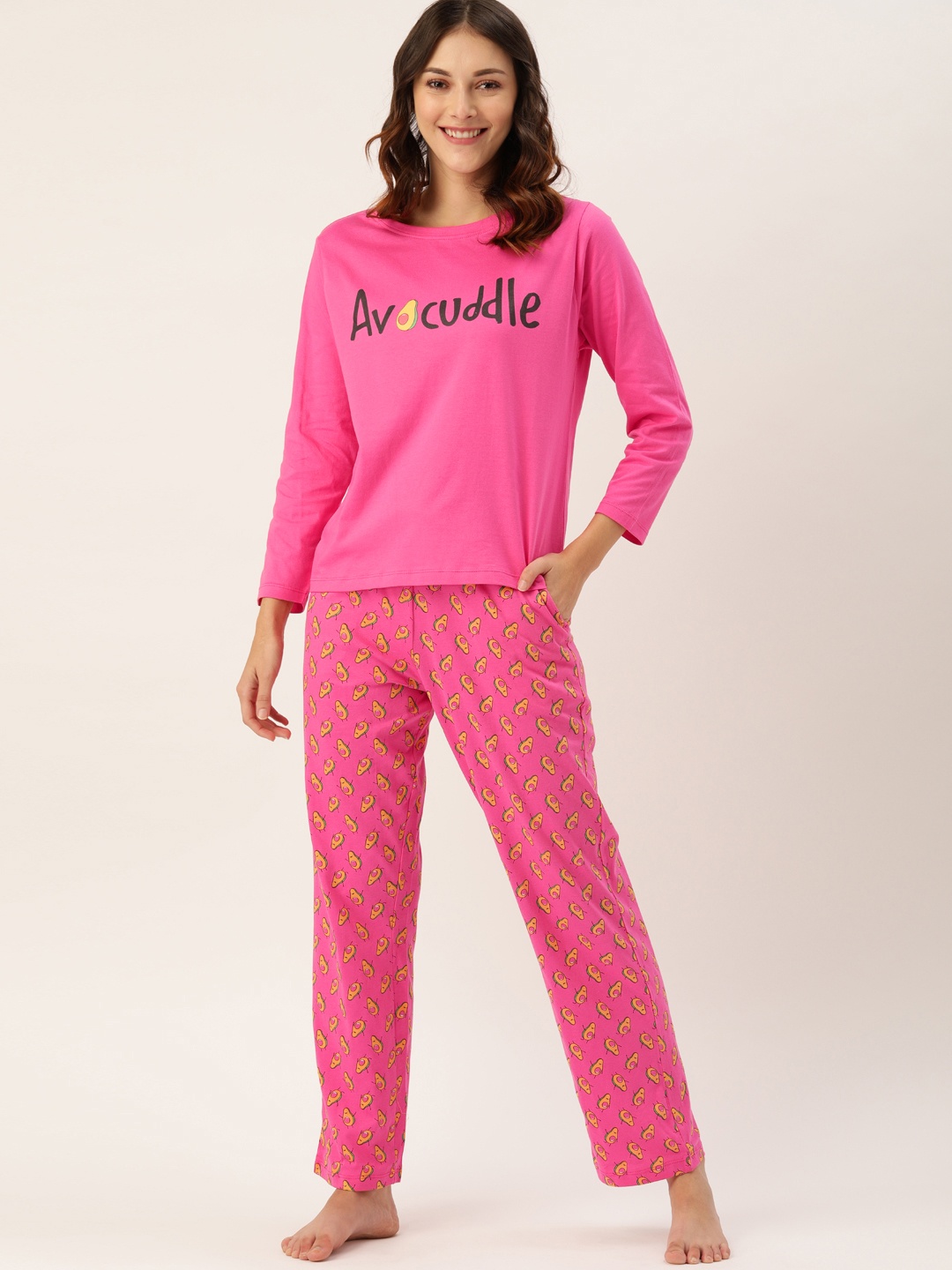 

DressBerry Women 2 Pc Pink & Yellow Avacado Print Night Suit Set