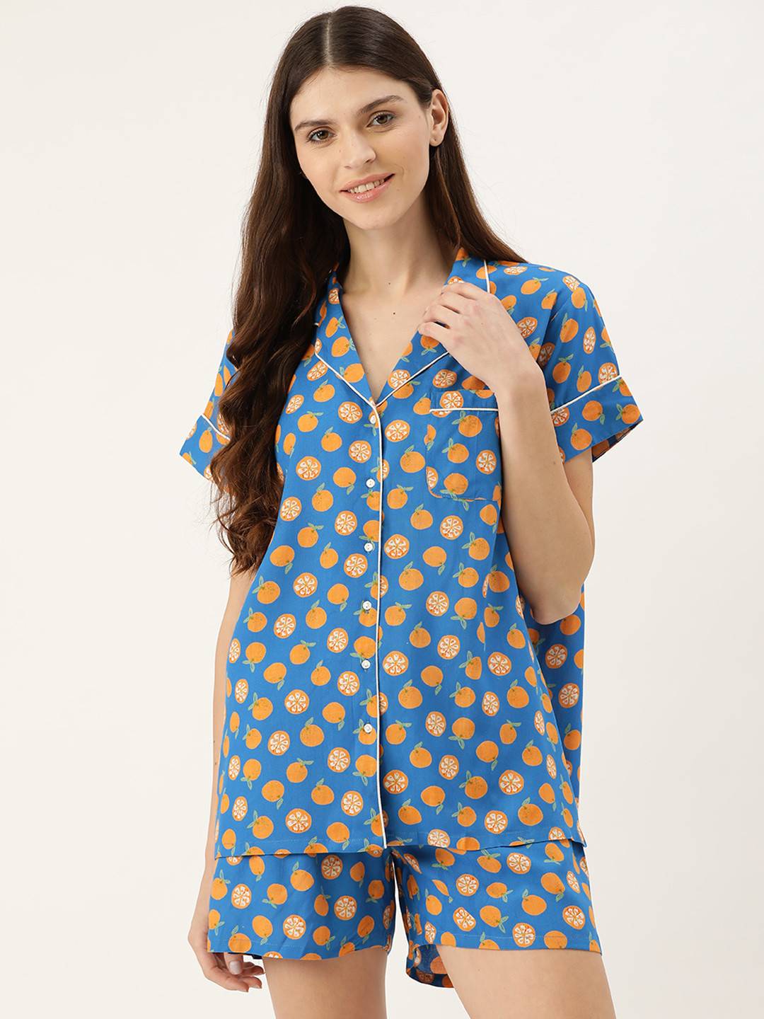 

DressBerry Women Blue & Orange Printed Night Suit