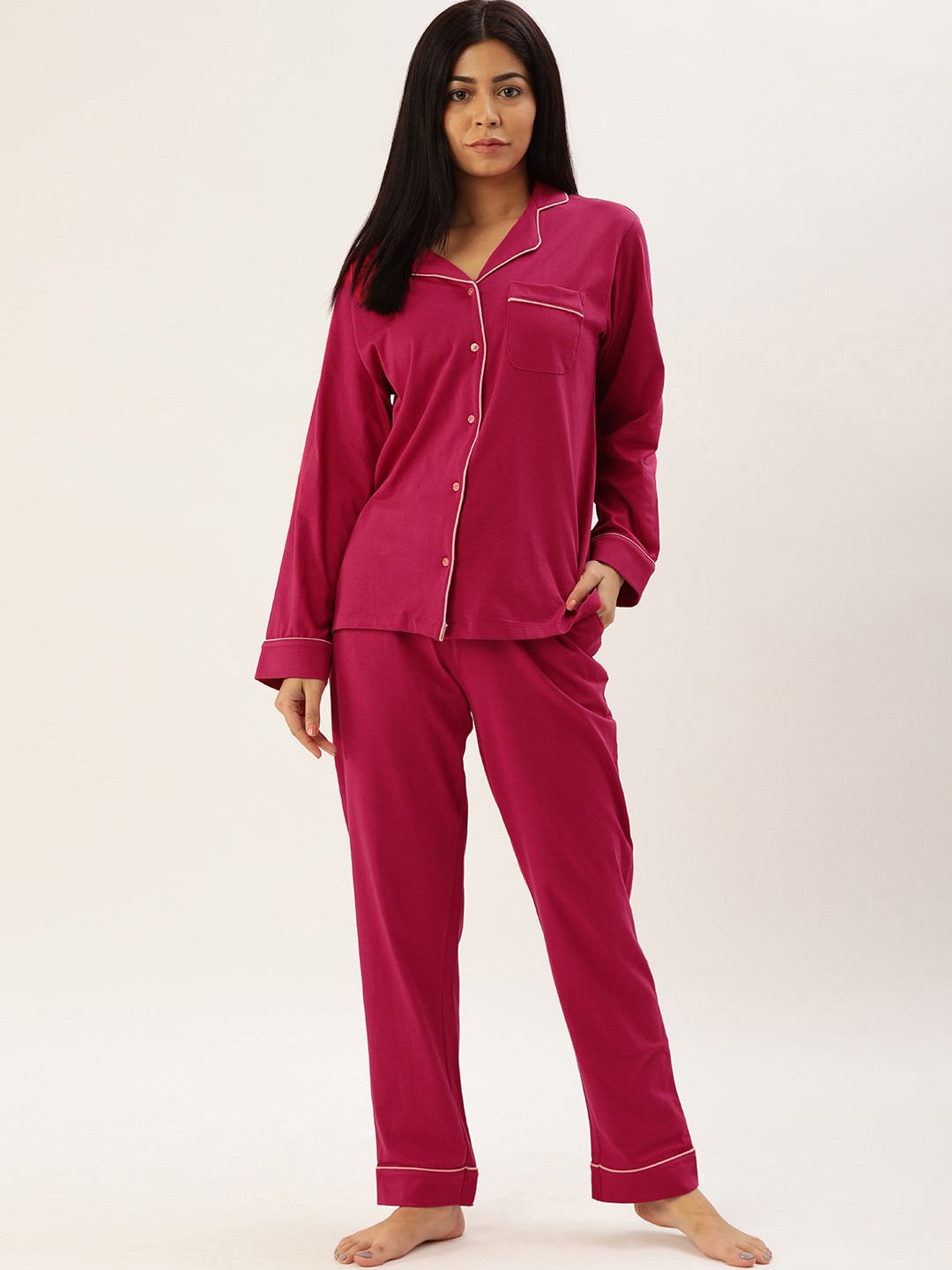 

DressBerry Women 2 Pc Magenta Pink Solid Night Suit Set