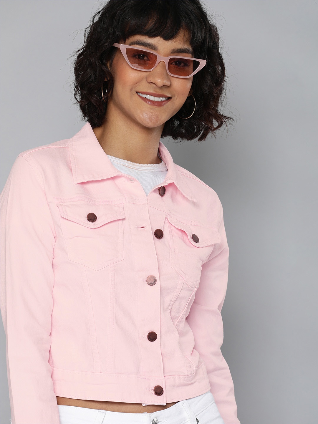 

HERE&NOW Women Pink Solid Denim Jacket