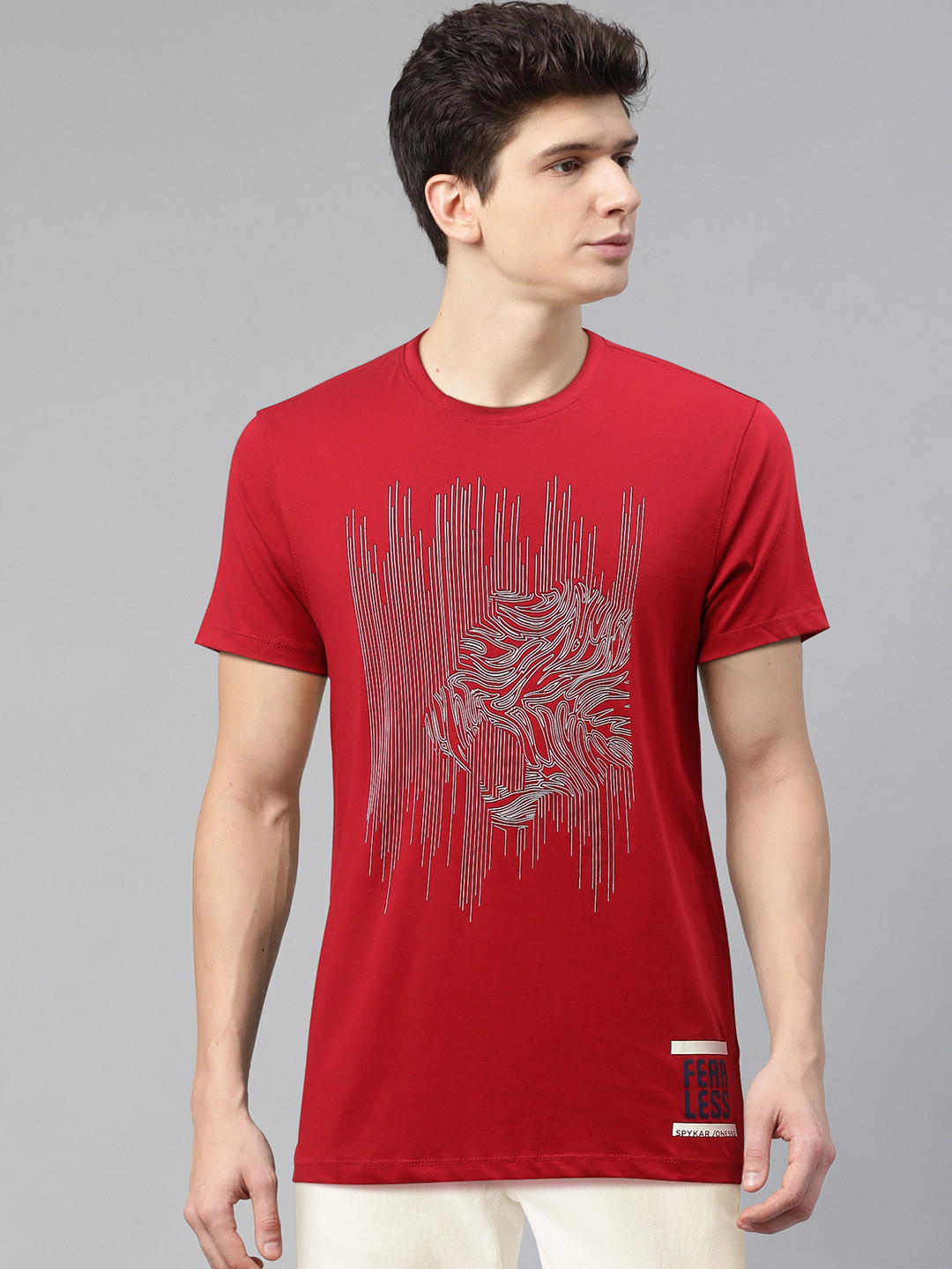

SPYKAR Men Red & Silver Printed Round Neck T-shirt